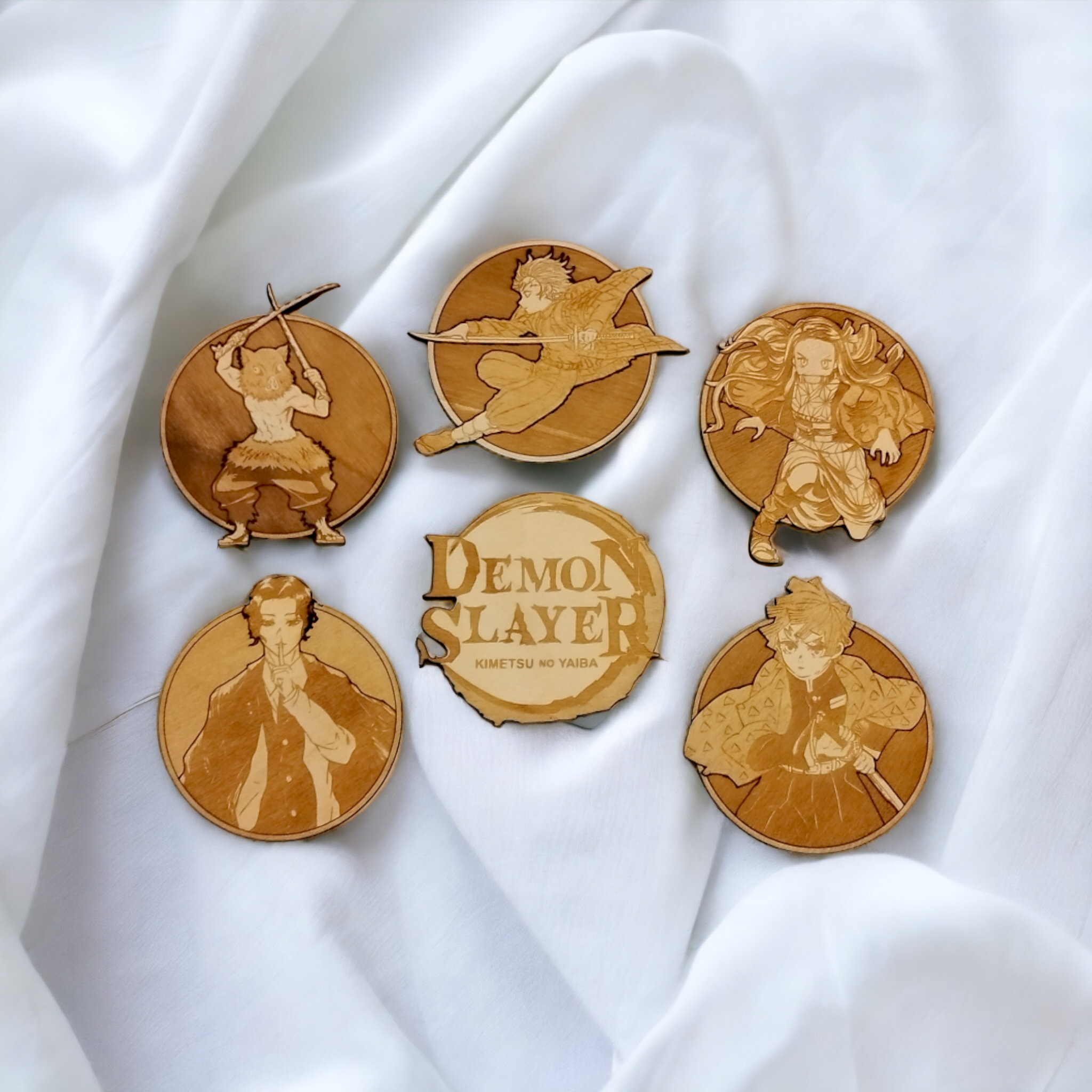 Set of 6 Demon Slayer Wooden Coasters - Handmade Gift - Housewarming - Wood Kitchenware-0