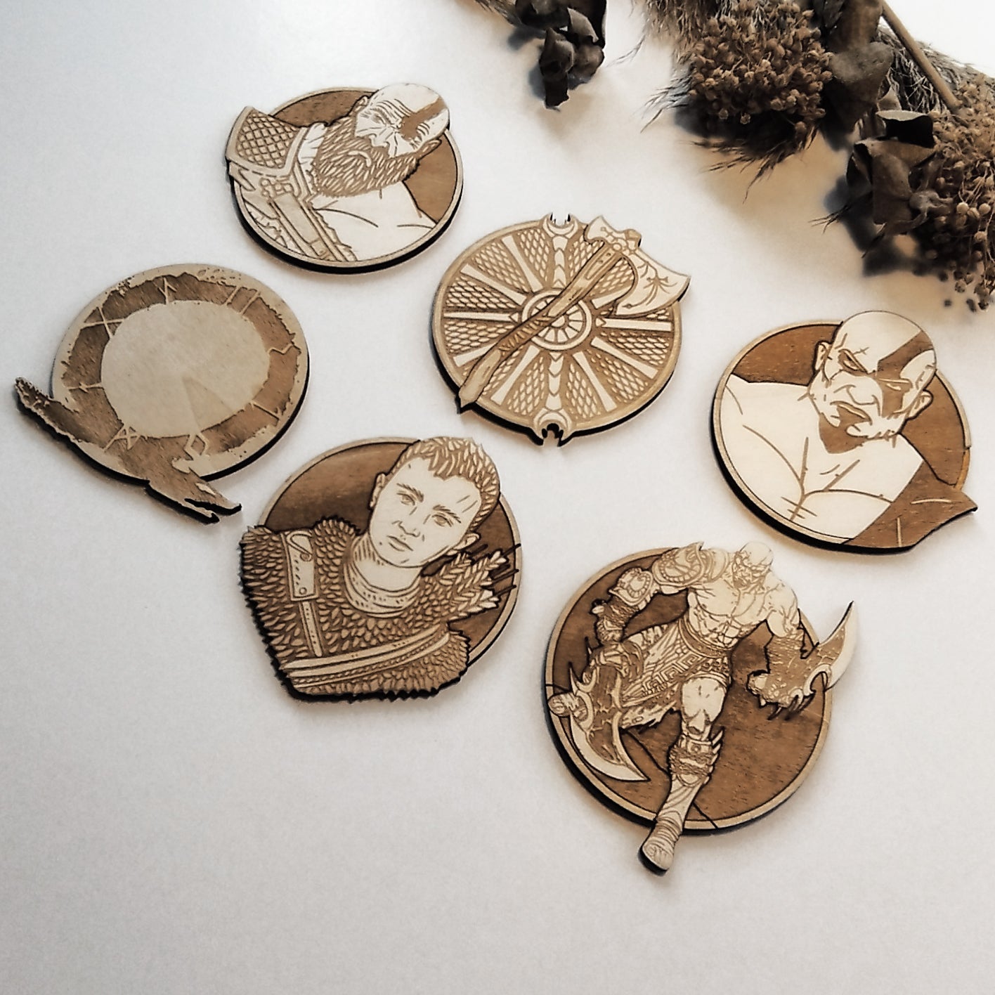 Set of 6 God of War Wooden Coasters - Handmade Gift - Housewarming - Wood Kitchenware-1