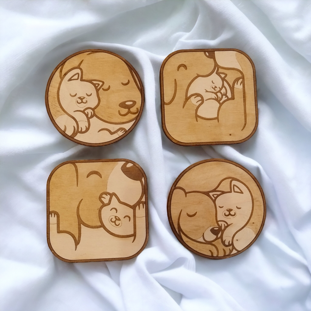 Dog & Cat Wooden Coasters (4-Pack)