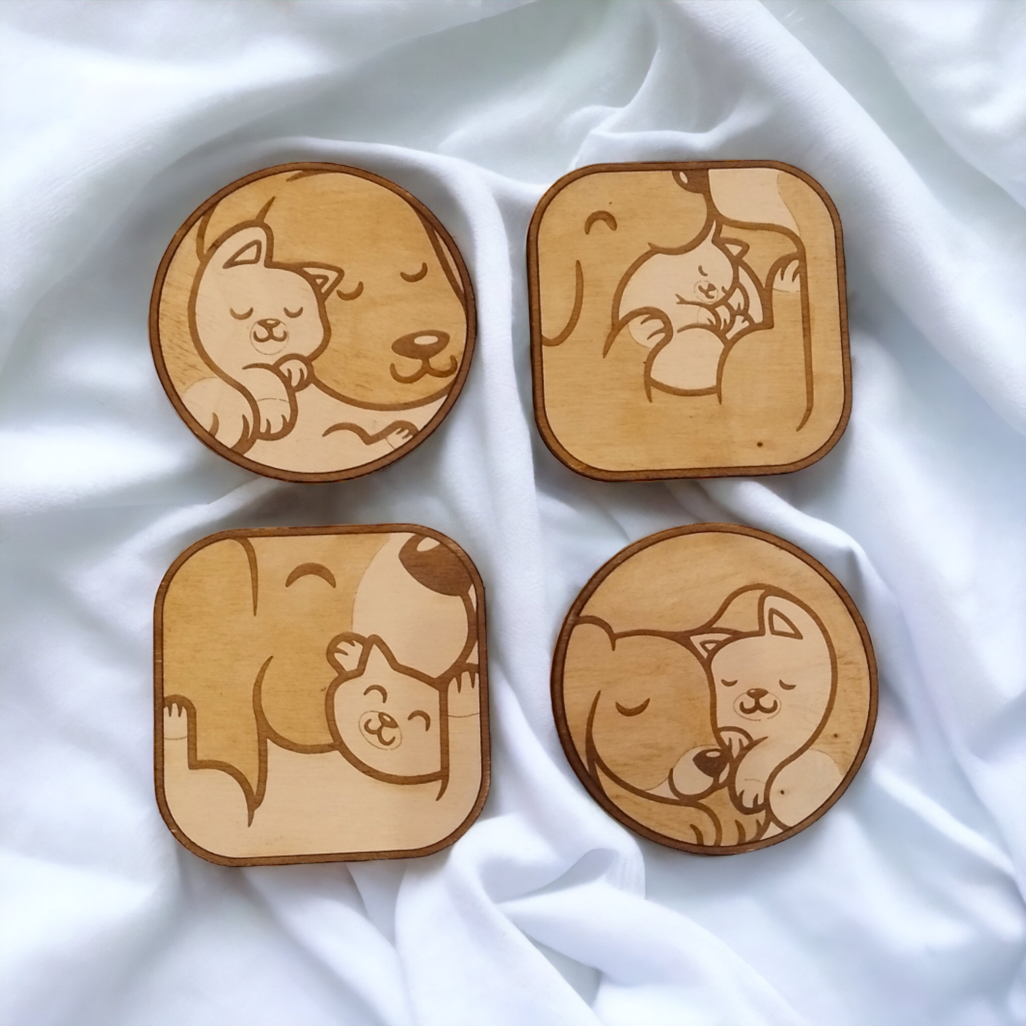 Dog & Cat Wooden Coasters (4-Pack)